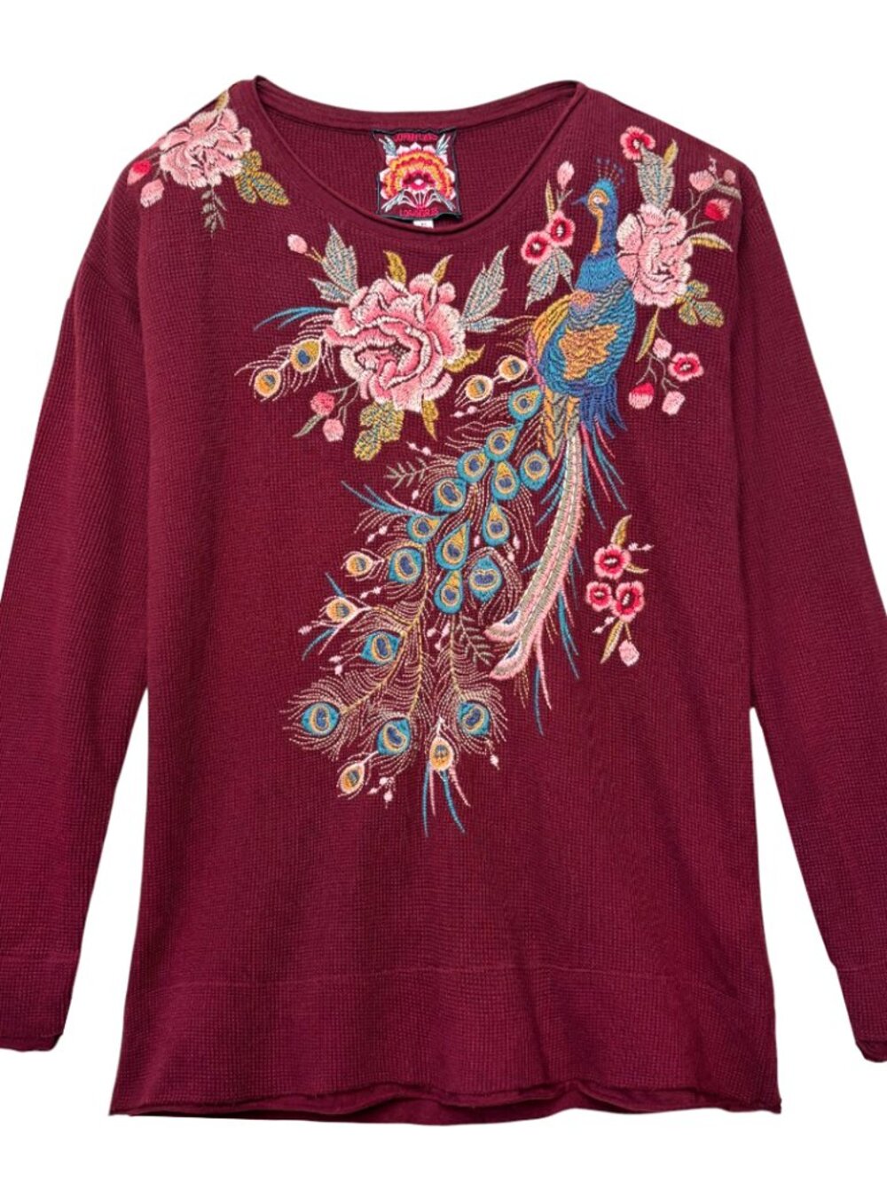 JOHNNY WAS QUITO THERMAL KNIT TEE BOHO FLORAL PEACOCK EMBROIDERY RELAXED CHIC PS